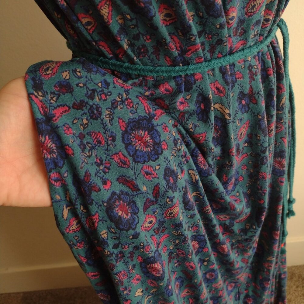 Lucky Brand Teal Floral Dress S Relaxed Knit Boho Jewel Tone Embroidered Maxi - Picture 7 of 12